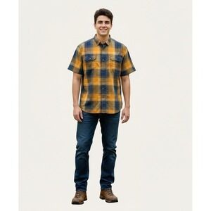 Kuhl Mens Response Button-Up Short Sleeve Plaid Yellow Outdoor Caual Shirt 2XL